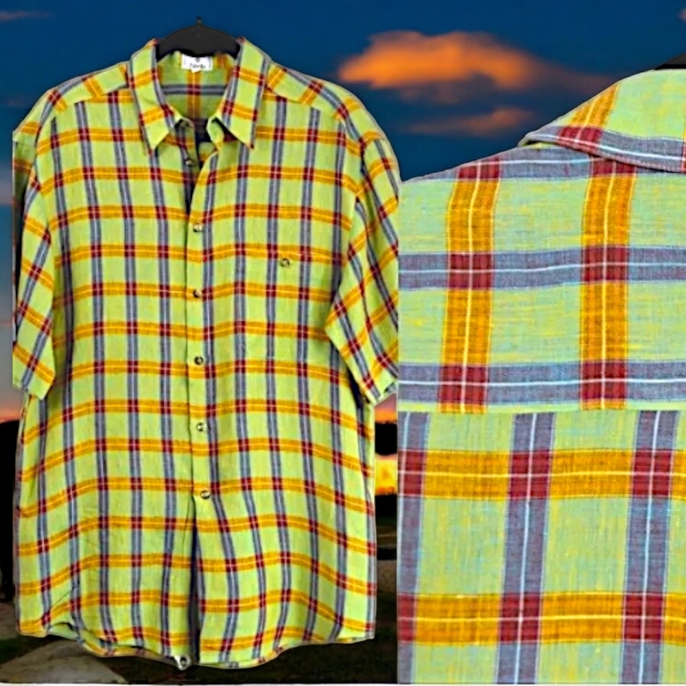 Mens Zanella Italy linen‎ plaid button down shirt size medium M short sleeve